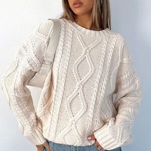 white fox cable knit sweater